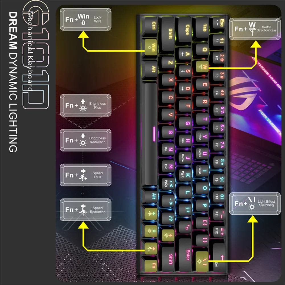 Teclado mecánico portátil para juegos G101D con retroiluminación RGB, 63 teclas, tipo C, con cable para computadora portátil, tableta y PC