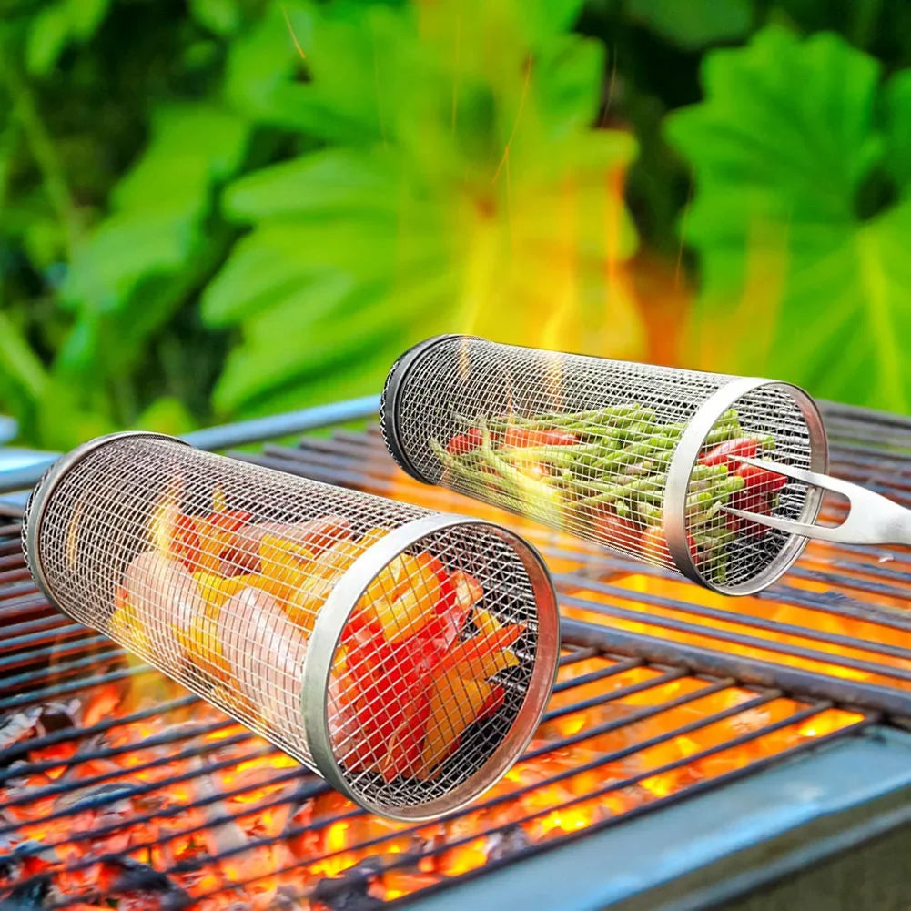 Cesta para barbacoa con ruedas: la mejor cesta para asar a la parrilla de la historia, rejilla de acero inoxidable redonda, rejilla para barbacoa de camping para verduras y pescado