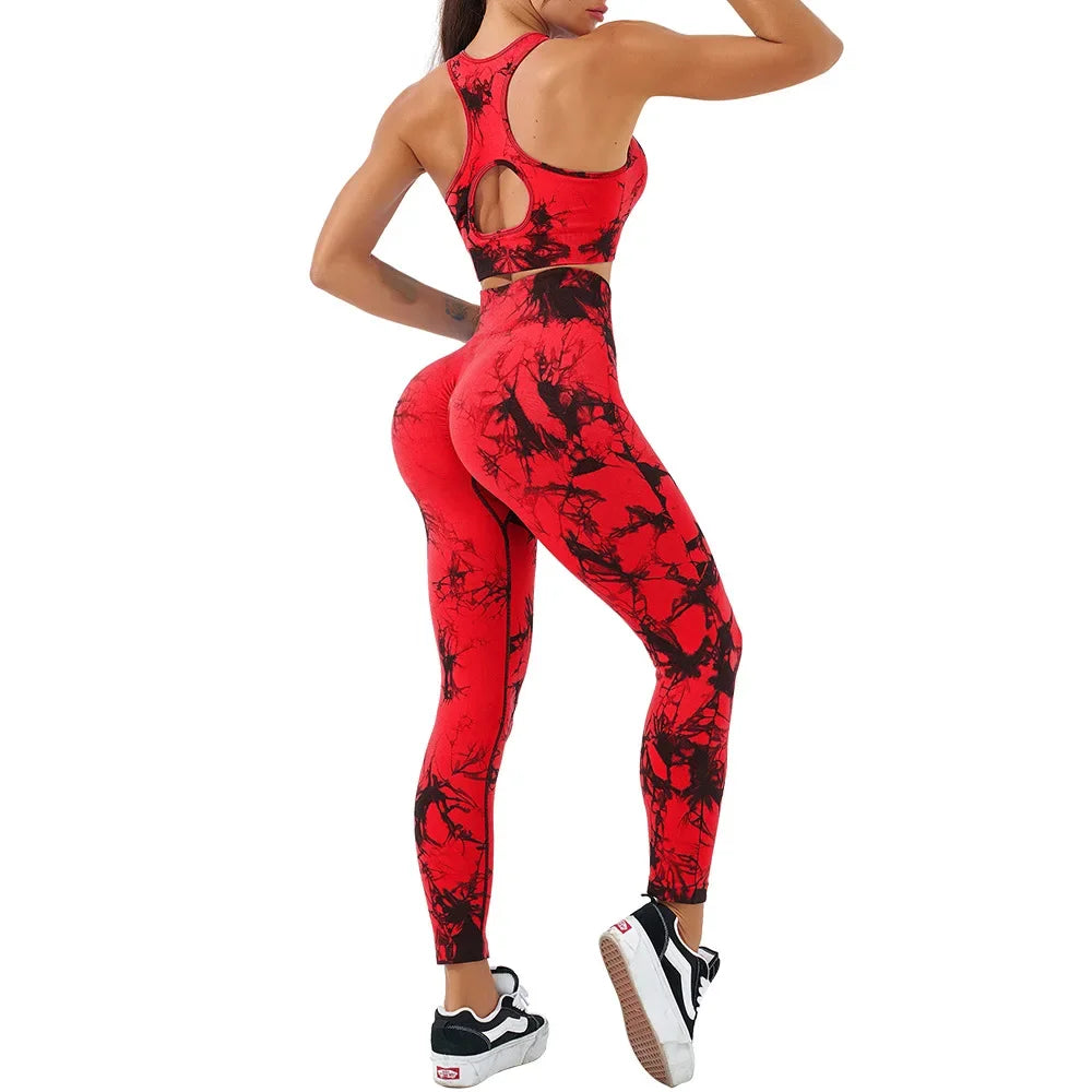 Conjunto de sujetador y pantalones de yoga sin costuras de cintura alta para mujer, conjunto de mallas de entrenamiento para correr y hacer ejercicio con teñido anudado