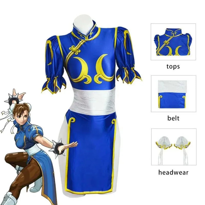 Disfraz de Cosplay de Chun Li, juego de rol de SF Chunli, conjunto completo de Qipao azul, traje de fiesta de Halloween de Jackie Kung fu para divertirse