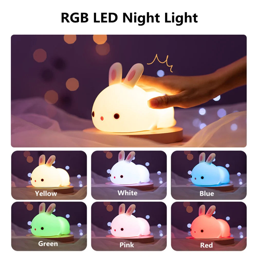 Lámpara de conejo de silicona recargable por USB con sensor táctil RGB LED de 16 colores para niños, juguete para bebés, regalo de festival