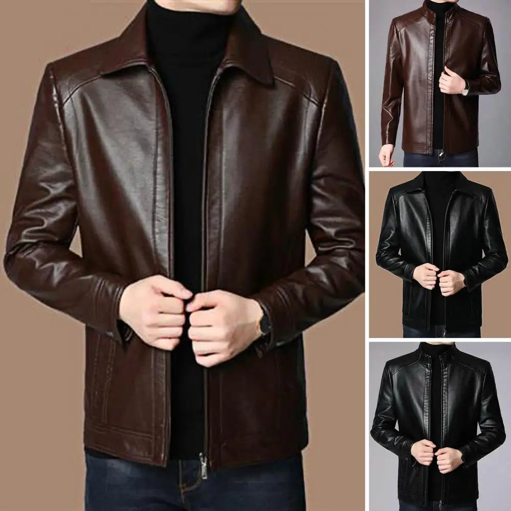 Chaqueta de piel sintética para hombre Chaqueta de motociclista de piel sintética para hombre con cuello alto Forro grueso y cálido Diseño resistente al viento para otoño