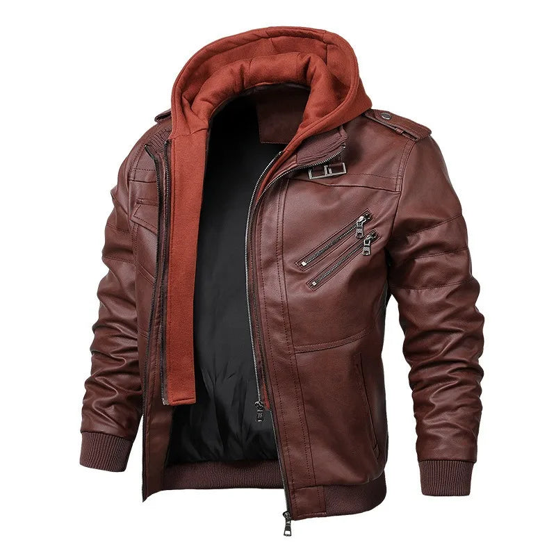 Chaquetas de cuero con capucha para hombre, abrigos de cuero casuales ajustados, nueva moda, ropa de calle para hombre, chaquetas de cuero para motocicleta, sombrero desmontable, 5XL