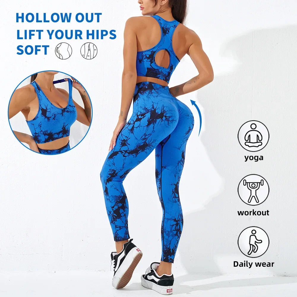 Conjunto de sujetador y pantalones de yoga sin costuras de cintura alta para mujer, conjunto de mallas de entrenamiento para correr y hacer ejercicio con teñido anudado