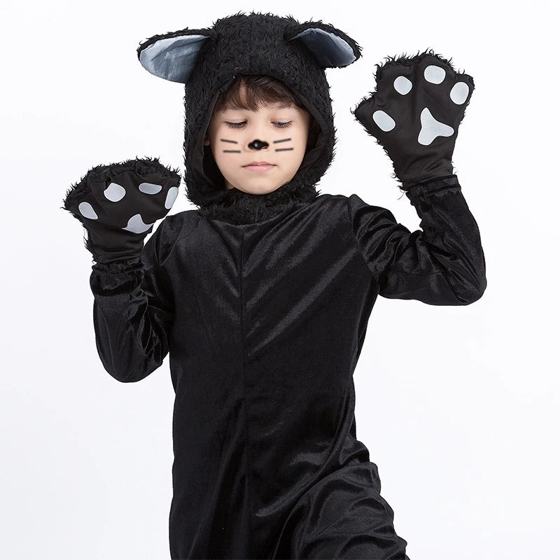 Disfraz de gato negro para niños, mono con guantes y sombrero, ideal para espectáculos en el escenario, fiestas de Halloween