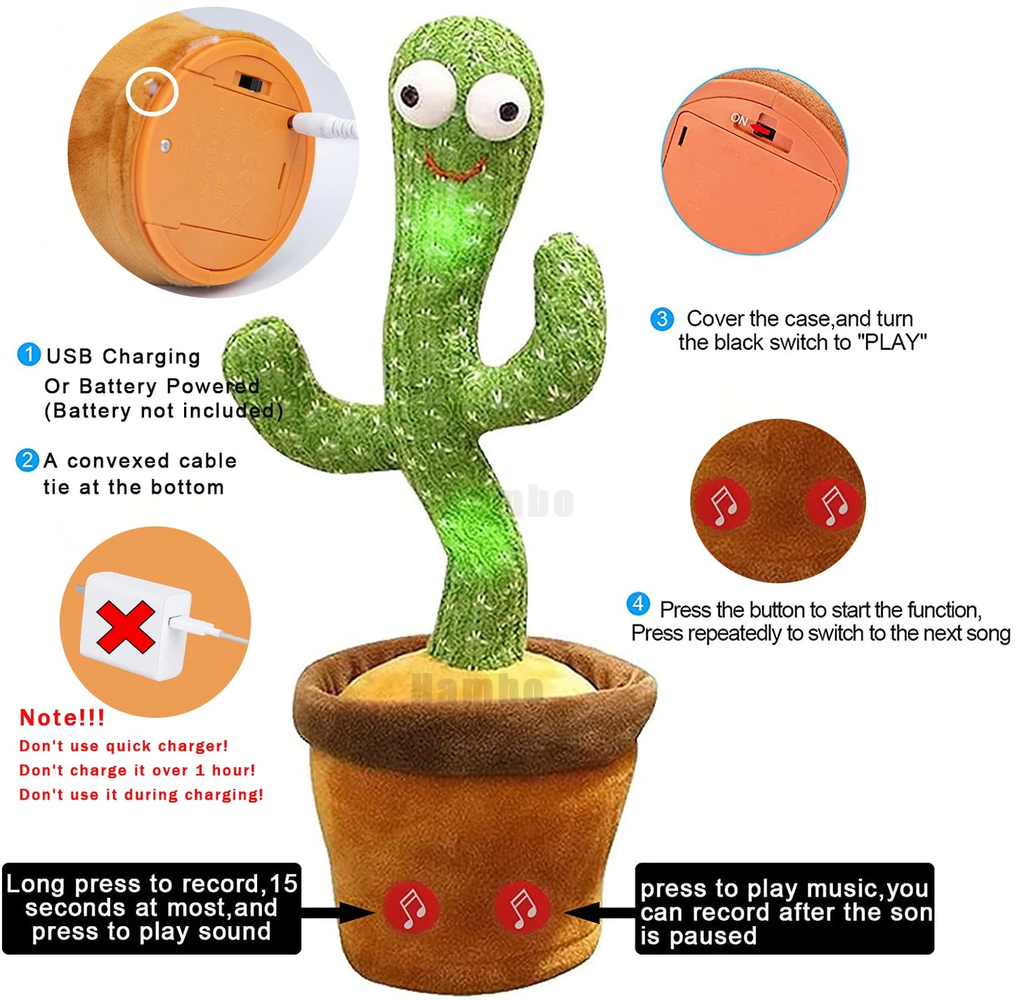 Cactus bailarín recargable que brilla intensamente, pez columpio que repite la danza, cactus parlanchín español, juguete para bebé, USB/batería