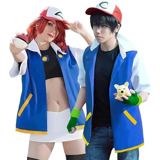 Disfraz de entrenador de anime para hombre y niño, disfraz de Ash Ketchum para adulto, para niña y mujer, conjunto de chaqueta azul, gorro y guantes para fiesta de Halloween