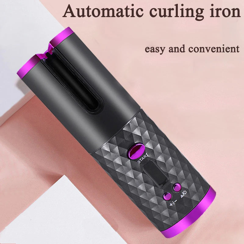 Rizador de pelo automático inalámbrico de cerámica con rotación automática, recargable por USB, pantalla LED, ondas de temperatura, portátil