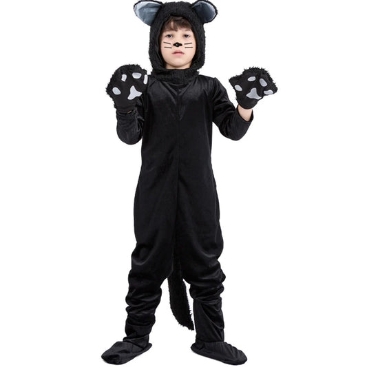 Disfraz de gato negro para niños, mono con guantes y sombrero, ideal para espectáculos en el escenario, fiestas de Halloween