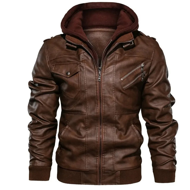 Chaquetas de cuero con capucha para hombre, abrigos de cuero casuales ajustados, nueva moda, ropa de calle para hombre, chaquetas de cuero para motocicleta, sombrero desmontable, 5XL