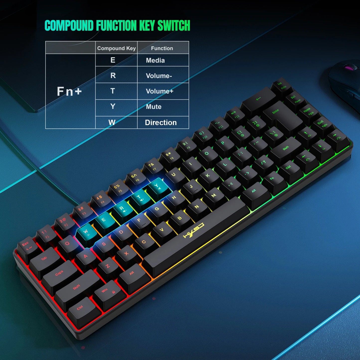 Teclado para juegos con cable USB de 68 teclas, portátil, con retroiluminación RGB de 20 teclas para computadoras portátiles con Windows