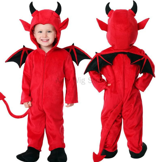 Disfraz de diablo rojo para niños, disfraz de cosplay unisex para niños, mono de Halloween para niños, disfraz de murciélago para niñas y monstruos, disfraz escolar