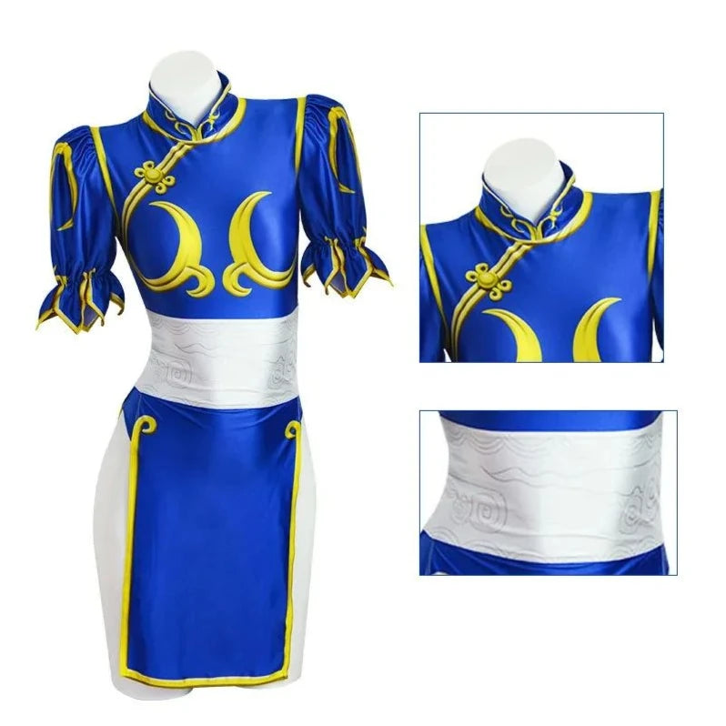 Disfraz de Cosplay de Chun Li, juego de rol de SF Chunli, conjunto completo de Qipao azul, traje de fiesta de Halloween de Jackie Kung fu para divertirse