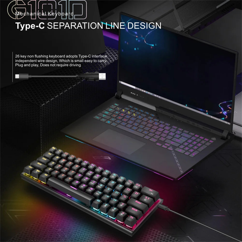 Teclado mecánico portátil para juegos G101D con retroiluminación RGB, 63 teclas, tipo C, con cable para computadora portátil, tableta y PC