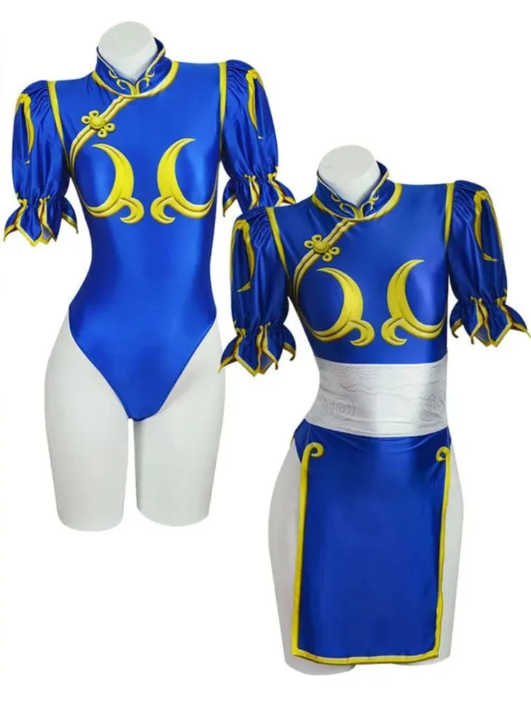 Disfraz de Cosplay de Chun Li, juego de rol de SF Chunli, conjunto completo de Qipao azul, traje de fiesta de Halloween de Jackie Kung fu para divertirse