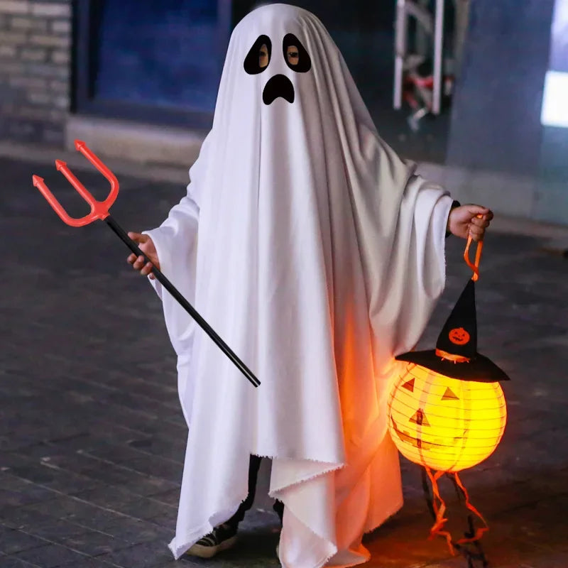 Capa de terror de Halloween para niños, disfraz de anime sin rostro, capa con borlas blancas de fantasma, conjunto completo unisex