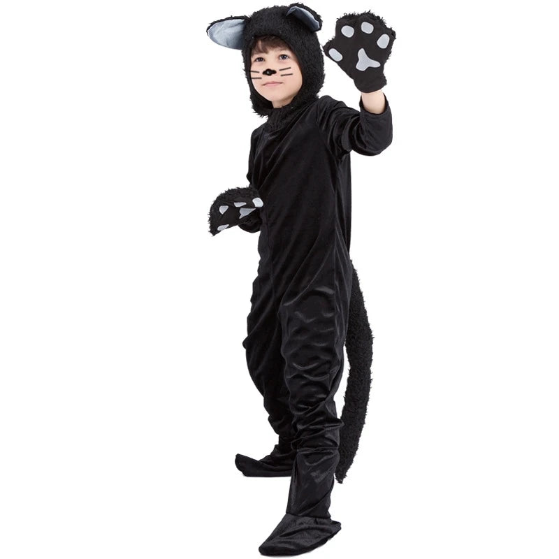 Disfraz de gato negro para niños, mono con guantes y sombrero, ideal para espectáculos en el escenario, fiestas de Halloween