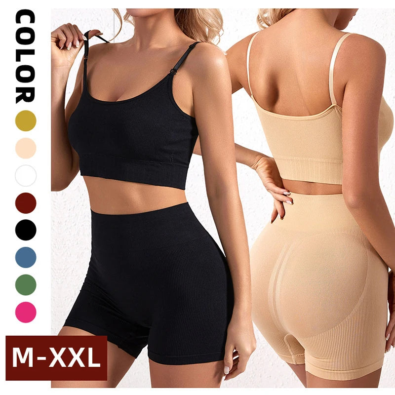 Conjunto de yoga sin costuras para mujer, top corto, sujetador, leggings, 2 piezas, ropa deportiva para mujer, pantalones cortos de entrenamiento para gimnasio, traje de gimnasio