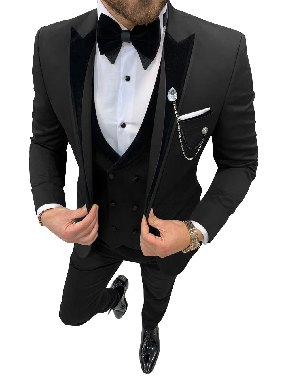 Trajes de hombre Wave Point de tres piezas, trajes de vestir para hombre, trajes casuales de oficina para viajes de negocios para boda (Blazer + chaleco + pantalones)