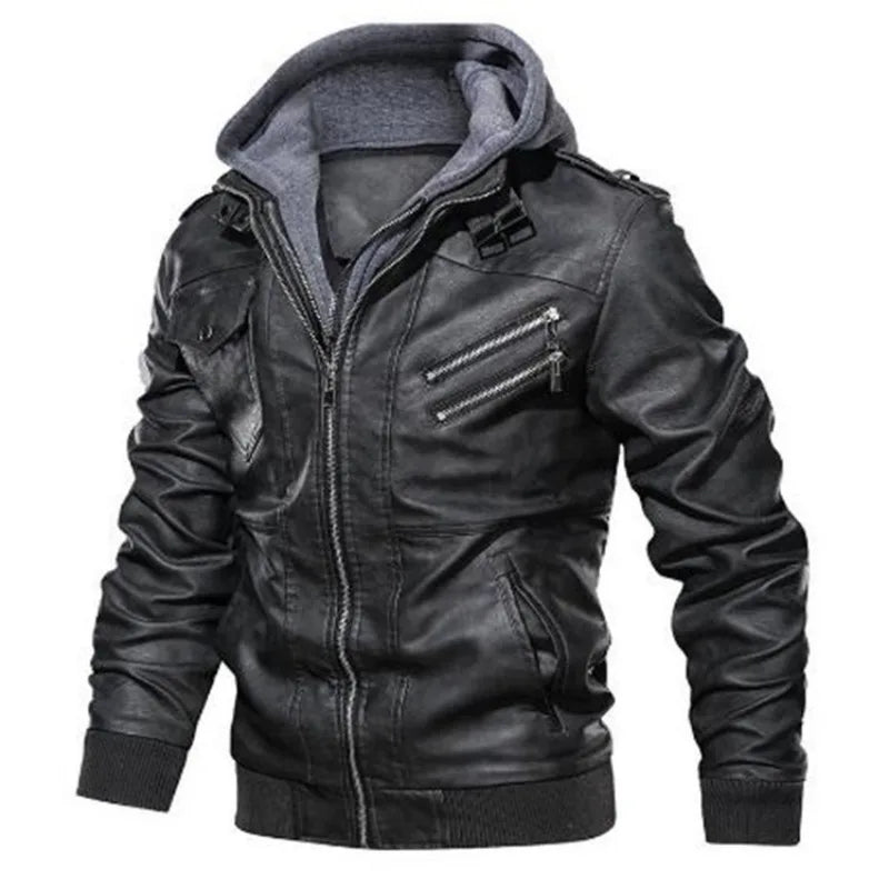 Chaquetas de cuero con capucha para hombre, abrigos de cuero casuales ajustados, nueva moda, ropa de calle para hombre, chaquetas de cuero para motocicleta, sombrero desmontable, 5XL