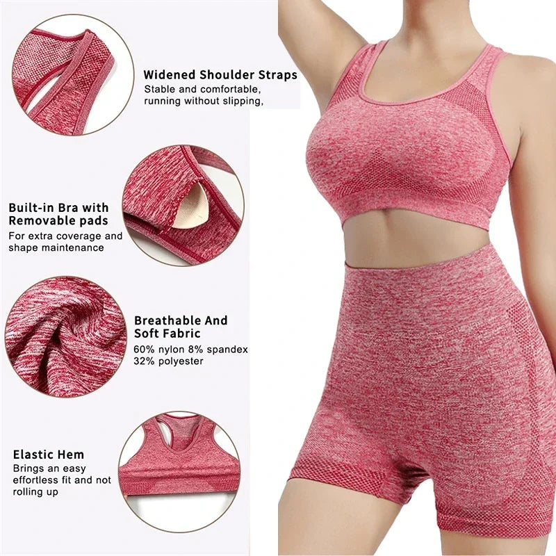 Conjunto de yoga, pantalones cortos de gimnasio, sujetadores deportivos para mujer, tops de entrenamiento para mujer, ropa de yoga, leggings de fitness, conjunto de gimnasio, conjuntos de yoga sin costuras