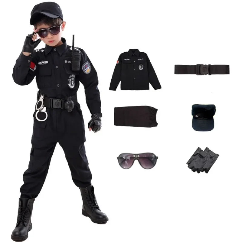 Disfraz de policía Swat para niños, disfraz de Halloween, uniforme de policía de carnaval para niños, 110-160 cm, oficial de policía del ejército para niños, soldado