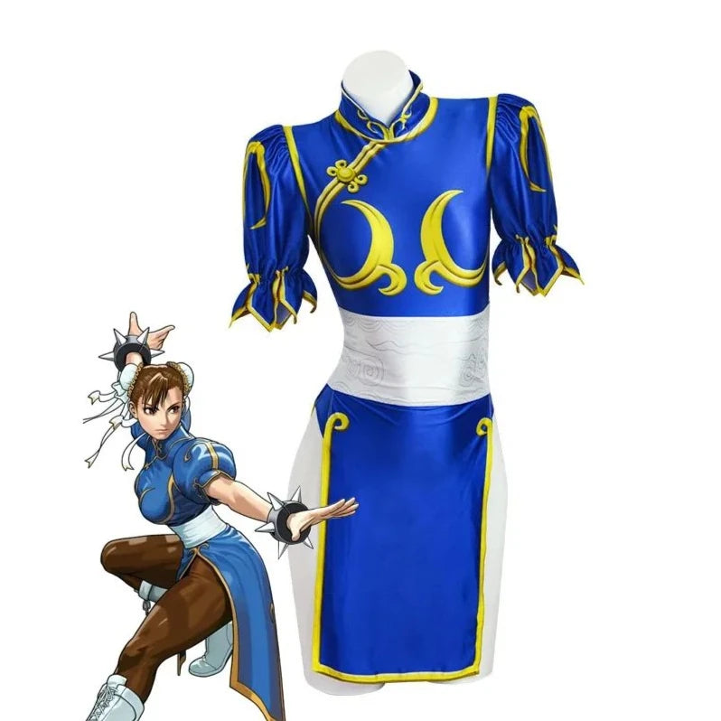 Disfraz de Cosplay de Chun Li, juego de rol de SF Chunli, conjunto completo de Qipao azul, traje de fiesta de Halloween de Jackie Kung fu para divertirse