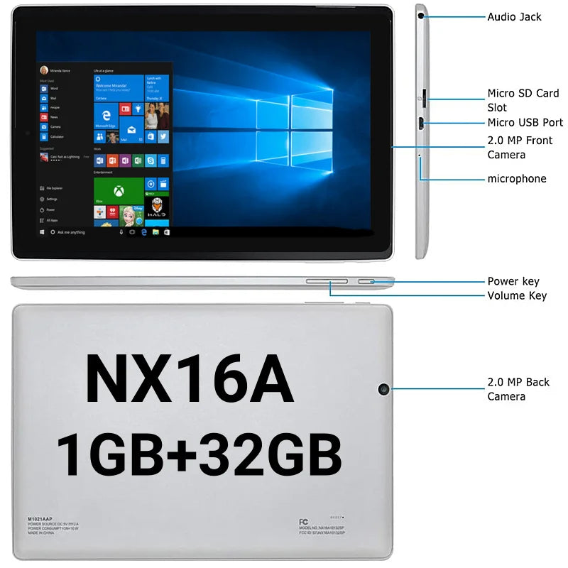 Tablet PC NX16A con doble cámara, WIFI, 5000 mAh, cuatro núcleos, pantalla IPS de 1280 x 800, procesador X5-Z8350 de 10,1 pulgadas y Windows 10