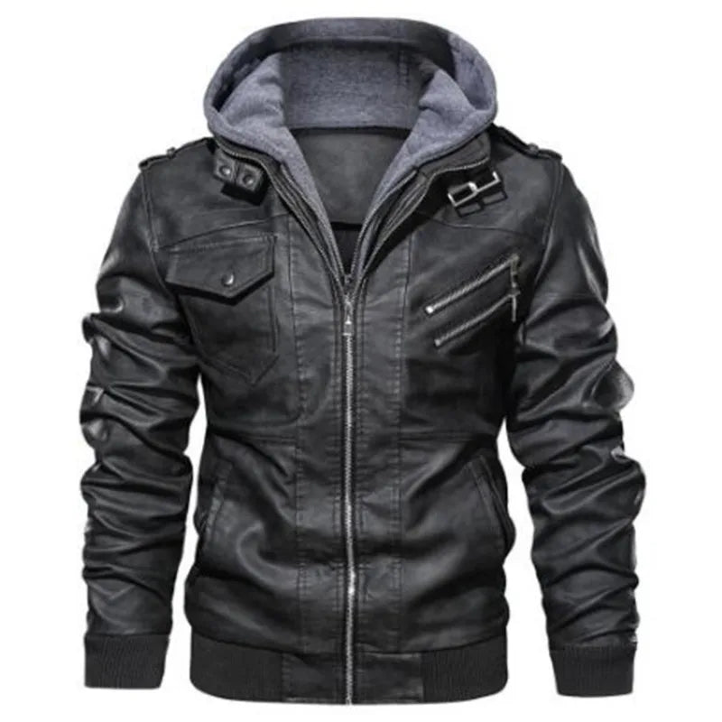 Chaquetas de cuero con capucha para hombre, abrigos de cuero casuales ajustados, nueva moda, ropa de calle para hombre, chaquetas de cuero para motocicleta, sombrero desmontable, 5XL