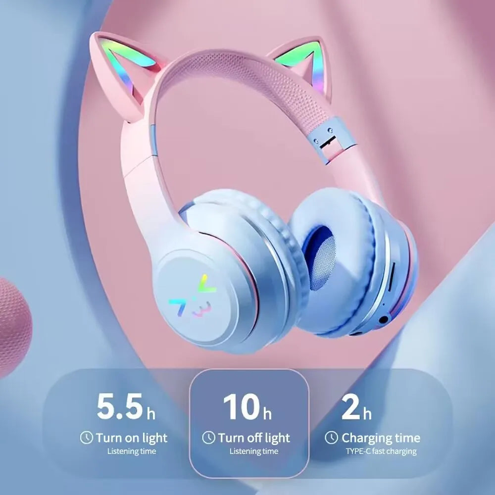 RGB Glow Portable Headphones Blutooth Controllable Light Cat Ear Noise Reduction Wireless Headphone Bluetooth Earphones Pc Gamer