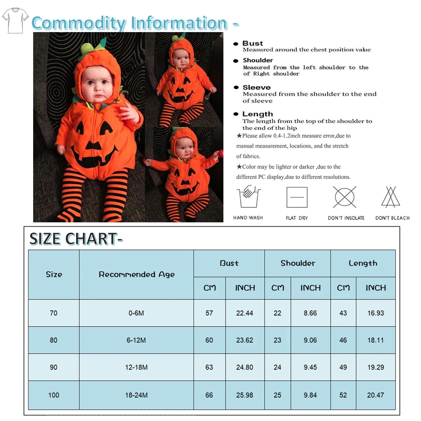 Halloween Costume For Infant Boys Girls Long-Sleeved Hood Jumpsuit Baby Party Cosplay Pumpkin Warm Soft Cotton Clothing