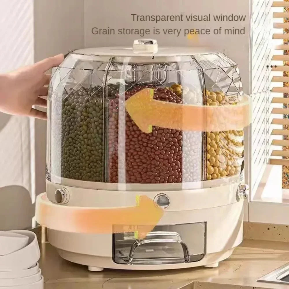 Caja de almacenamiento de cocina con rotación de 360 grados, dispensador de arroz, cubo sellado para cereales secos, contenedor de alimentos a prueba de humedad