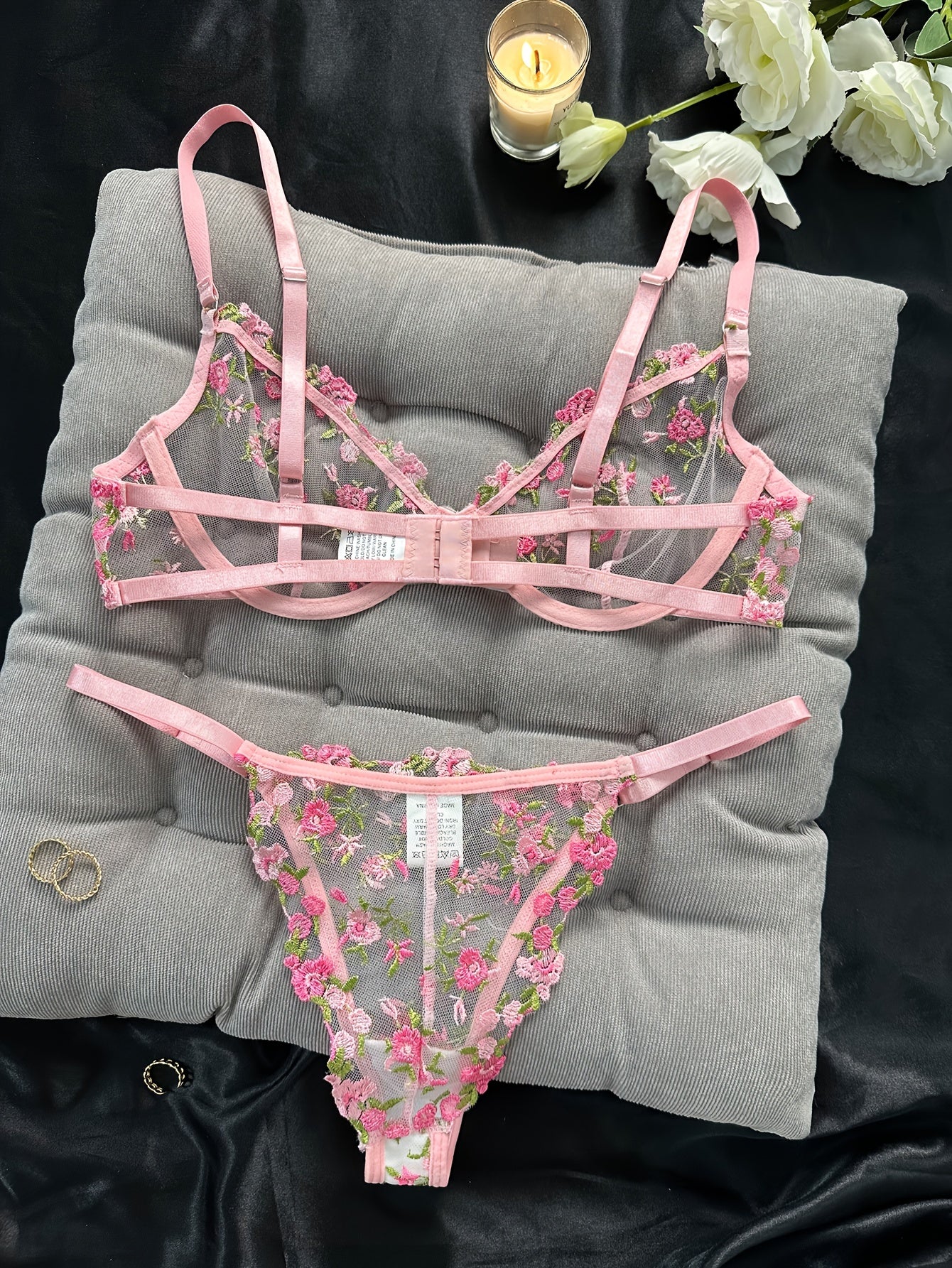 Conjunto de lencería con bordado floral, sujetador sin forro con aberturas y tanga de malla, lencería y ropa interior sexy para mujer