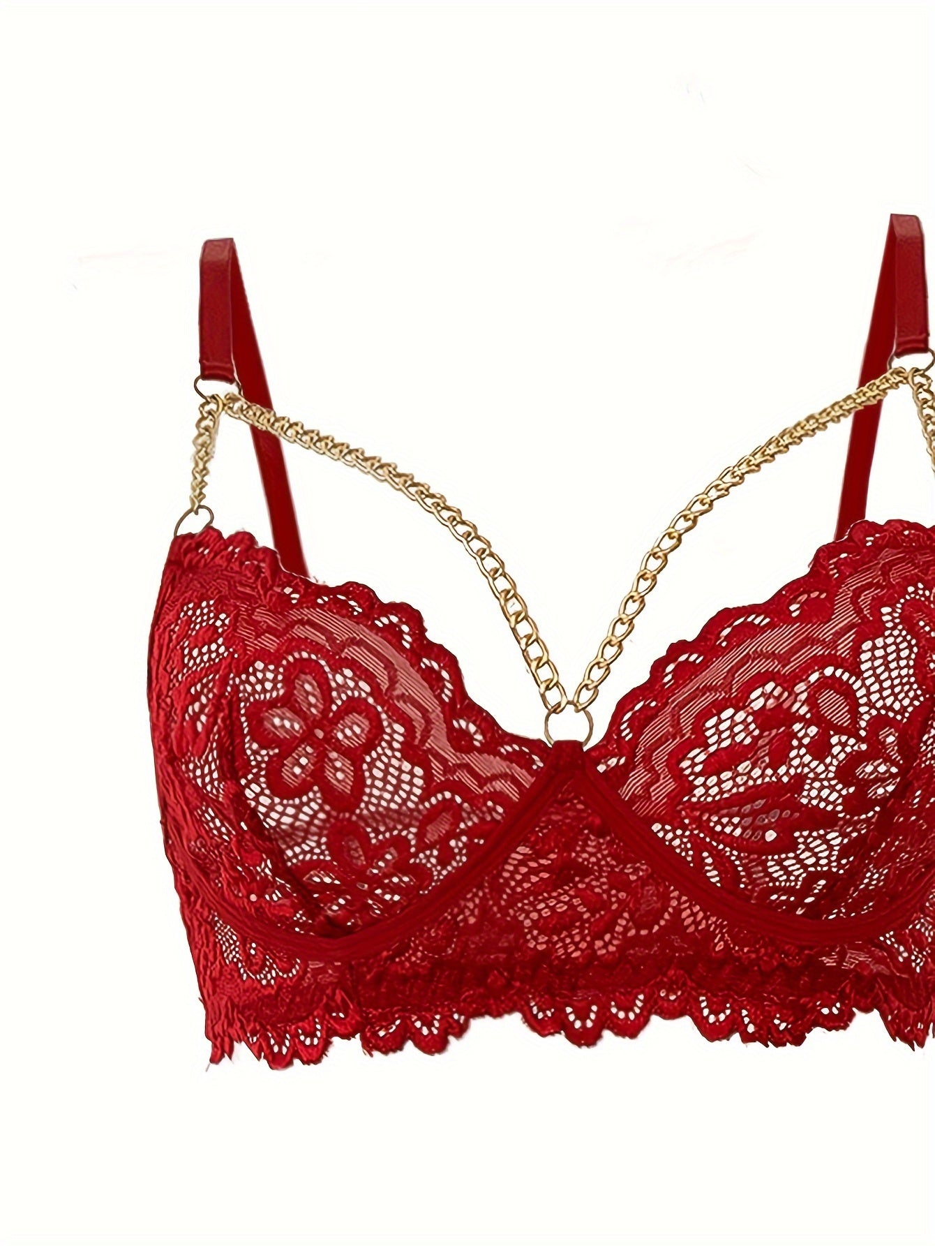 Conjunto de lencería con cadena dorada y encaje floral, sujetador y tanga de tiras semitransparentes y liguero, lencería y ropa interior sexy para mujer